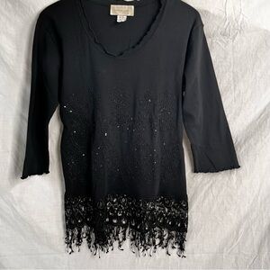 Vintage Black Shirt L Witch Whimsigoth Fairycore Nature Art Lace Sequins Beaded